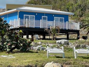 a blue house with two chairs in front of it at Great Cistern Beach Village in Marsh Harbour