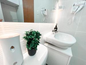 a bathroom with a sink and a potted plant on a toilet at AZRA Bacolod at Mesavirre Garden Residences in Bacolod