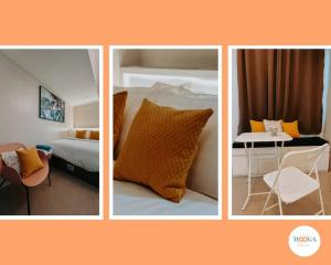 4 Bilder eines Hotelzimmers mit einem Bett und einem Tisch in der Unterkunft Hooga Home Be Residences Near IT Park in Cebu City