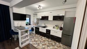 a kitchen with a sink and a refrigerator at Danubius Delta Tulcea in Tulcea