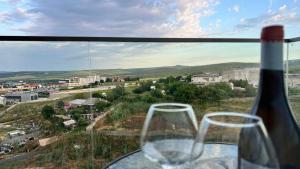 a bottle of wine and two wine glasses in a window at Danubius Delta Tulcea in Tulcea