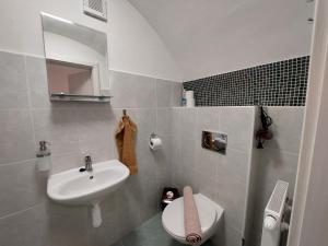 a small bathroom with a sink and a toilet at apartmány LEVOČA in Levoča