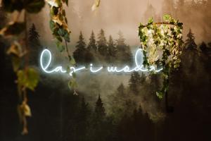 a window with the word california in a forest at Hotel Przystań Przy Lesie in Lewiczyn