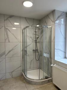 a shower with a glass door in a bathroom at Guben Wohnungen in Guben