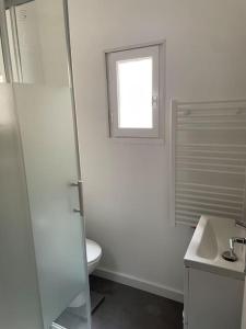 a white bathroom with a toilet and a window at L'entre Stud' in Castres