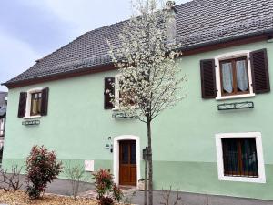 une maison verte avec un arbre en face dans l'établissement Gîte Le Rimbach, à Soultz-Haut-Rhin
