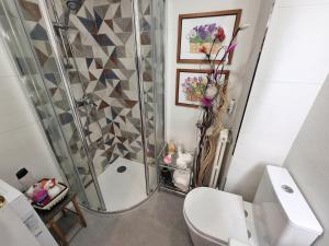 Un baño con ducha, inodoro y lavabo. en Kyra House Centro Vigo, en Vigo