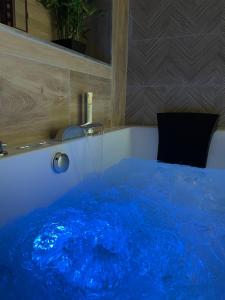 a bathroom with a blue tub with a water fountain at Casa del Jaguar in Gorges
