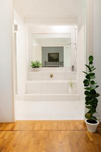 een badkamer met een spiegel en een potplant bij Villa con pascina panoramica in Bracciano