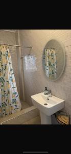 Adiebaba的住宿－BAFFOUR APARTMENTS，浴室配有盥洗盆和带镜子的淋浴