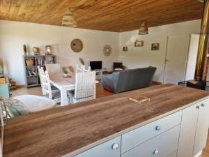 cocina y sala de estar con encimera de madera en Gîte Pleine Nature en Mas-des-Cours