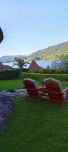 twee rode stoelen op het gras bij het water bij Paradise Eco-Hub in Kabale