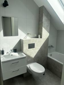 a bathroom with a toilet and a sink and a tub at Apartamenty Nad Wodą in Chmielno +17 photos