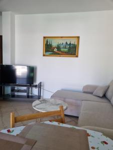 - un salon avec un canapé et une télévision dans l'établissement Seashore Serenity Apartment, à Golem