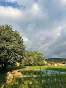 a park with a pond and trees and a sky at Grande maison type Périgourdine in Montignac +6 photos