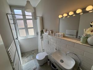 a bathroom with a sink and a toilet and a mirror at Work & Relax in Maintal in Maintal +52 photos