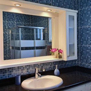 une salle de bains avec un lavabo et un miroir dans l'établissement Typical Madeira Orchid House, à Calheta