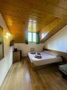 um quarto com uma cama grande e um tecto de madeira em Hotel Biancaneve em Cogolo