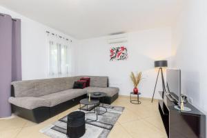 ein Wohnzimmer mit Sofa und Fernseher in der Unterkunft House Gorana by IstriaLux in Bibići