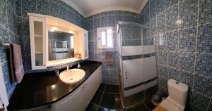 une salle de bains avec un lavabo et un miroir dans l'établissement Typical Madeira Orchid House, à Calheta 15 autres photos