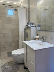 een badkamer met een wastafel, een toilet en een spiegel bij Serenity Apartment in Paliouri in Paliouri