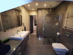 un bagno con lavandino, doccia e WC di Apartament Manhattan 2- KLIMATYZACJA a Słupsk