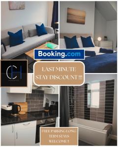 a collage of photos of a bedroom and a bed at Cosy 2 Bedroom Flat in Sunderland in Sunderland