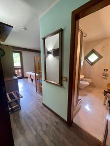 um quarto com casa de banho com espelho e WC em Hotel Biancaneve em Cogolo