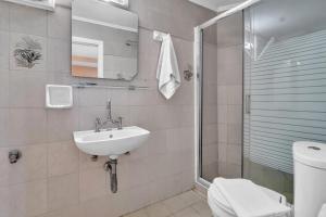 een badkamer met wastafel, douche en toilet bij Tasoula Studio with garden view in Nikiana