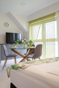 上拉德戈納的住宿－Apartmaji Živa，一间带桌椅和电视的用餐室
