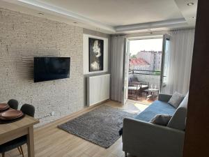 吉日茨科Apartament Sole的客厅里，砖墙上摆着一张沙发和一台电视