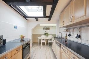 a kitchen with wooden cabinets and a skylight at Apartments am Schlosspark in Senftenberg