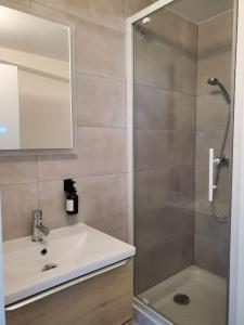 une salle de bains avec douche, lavabo et miroir dans l'établissement L'ATELIER 5 couchages, à Malville