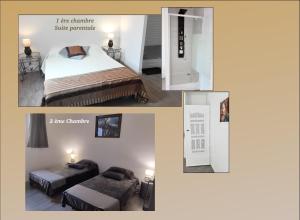 eine Collage mit Bildern eines Schlafzimmers mit einem Bett und einem Spiegel in der Unterkunft L'appART'en ciel. Climatisé entre mer et canal in Villeneuve-lès-Béziers