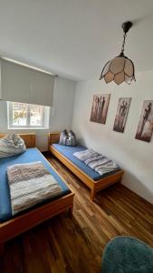 Habitación con 2 camas y lámpara de araña. en Gästehaus Stern, en Schwabach
