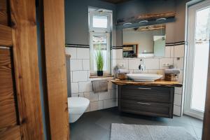 a bathroom with a sink and a toilet and a mirror at Ferienhaus Getreidesilo in Schneverdingen