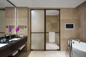 a bathroom with a shower and a sink and a tub at Hyatt Regency Riyadh Olaya in Riyadh