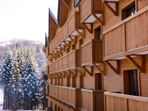 Swissôtel Resort Kolasin في كولاسين: مبنى خشبي مع أشجار مغطاة بالثلج في الخلفية