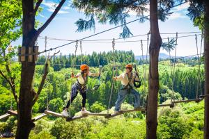 two people on a zip line in the trees at Lotte Arai Resort in Myoko