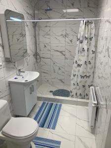 Un baño blanco con ducha y WC. en VILLA ROZA Guest House, en Rēzekne