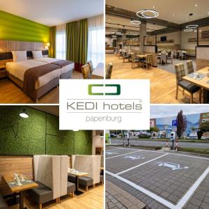 uma colagem de quatro fotografias de um quarto de hotel em Kedi Hotel Papenburg em Papenburg