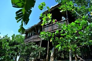 a tree house with a balcony in the trees at Harakoppa Hills in Padakalu