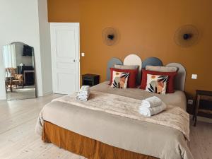 1 dormitorio con 1 cama grande y almohadas coloridas en Villa Valdejo en Orges