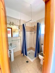 a bathroom with a shower and a toilet and a sink at Villa Marianna in Parga