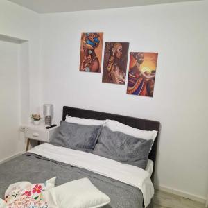 a bedroom with four pictures on the wall above a bed at Luxurious apartment with 3 rooms and 2 bathrooms in Corabia in Corabia