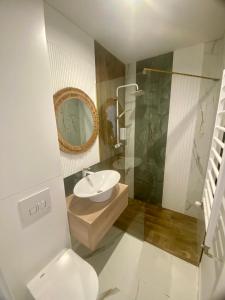 La salle de bains est pourvue d'un lavabo, de toilettes et d'un miroir. dans l'établissement Miejska Stodoła, à Biała Podlaska