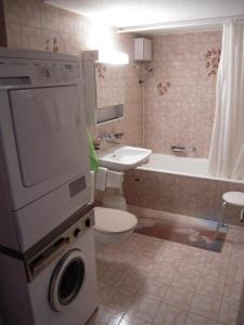 a bathroom with a toilet and a sink and a washing machine at Appartement Alpenblick A1 in Weggis