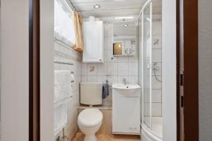 een kleine badkamer met een toilet en een wastafel bij Ferienhaus in Lichtenberg mit Garten, Terrasse und Grill - b48741 in Lichtenberg