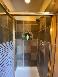 a bathroom with a shower with a glass door at Ski+Golf+Fishing Flagstaff Kachina Cabin! in Mountainaire