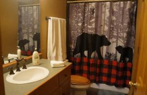 a bathroom with a sink and a cat shower curtain at Ski+Golf+Fishing Flagstaff Kachina Cabin! in Mountainaire
